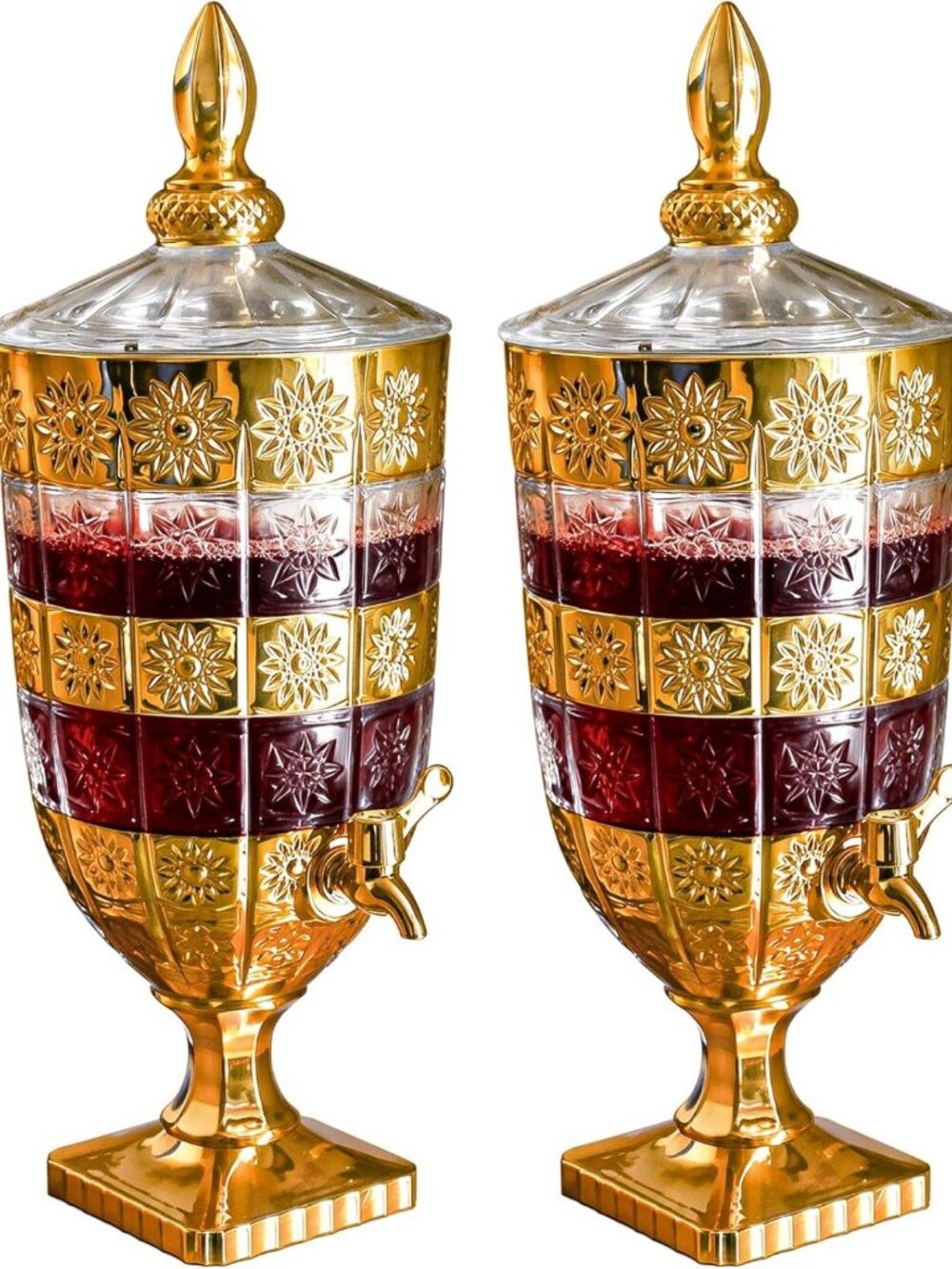 Set of 2 Vintage Gold Glass Drink Dispensers with Spigot & Lid - 1.3 Gallon